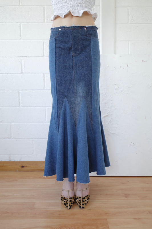 The Reconstituted Denim Godet Maxi Skirt