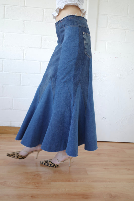 The Reconstituted Denim Godet Maxi Skirt