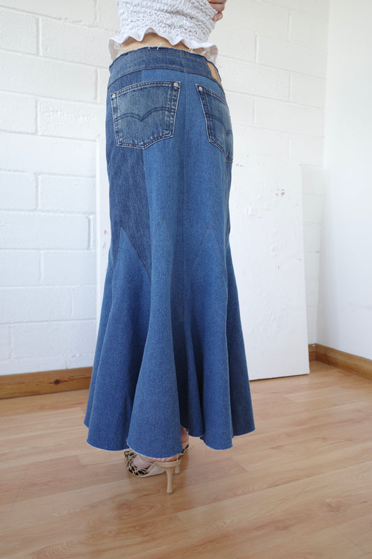 The Reconstituted Denim Godet Maxi Skirt