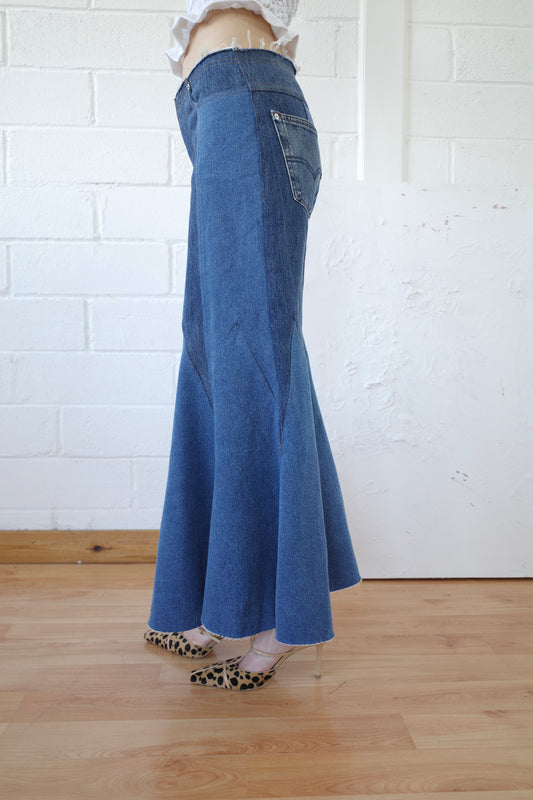 The Reconstituted Denim Godet Maxi Skirt