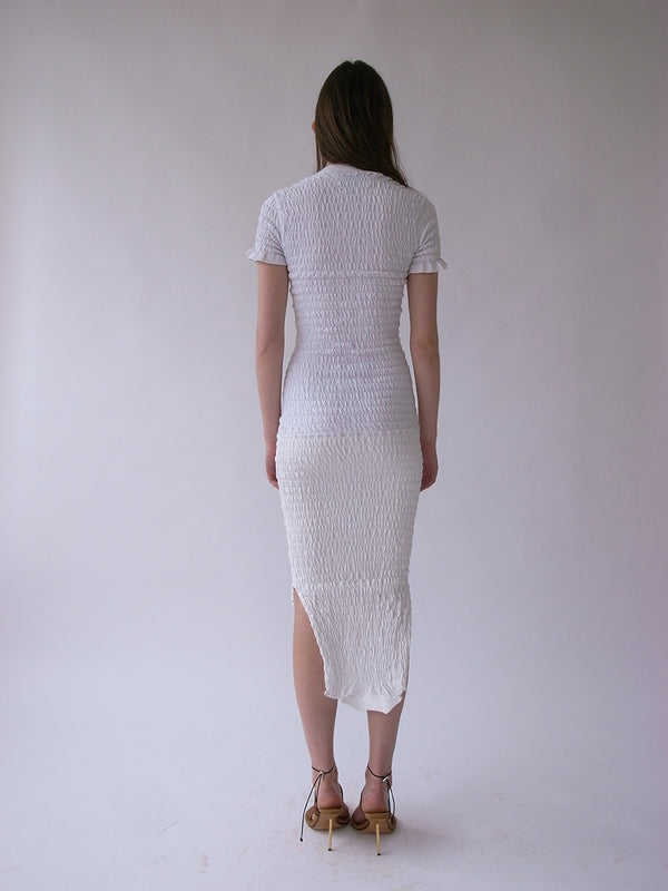 Exclusive-The Reconstituted Shirred T-shirt Dress- White