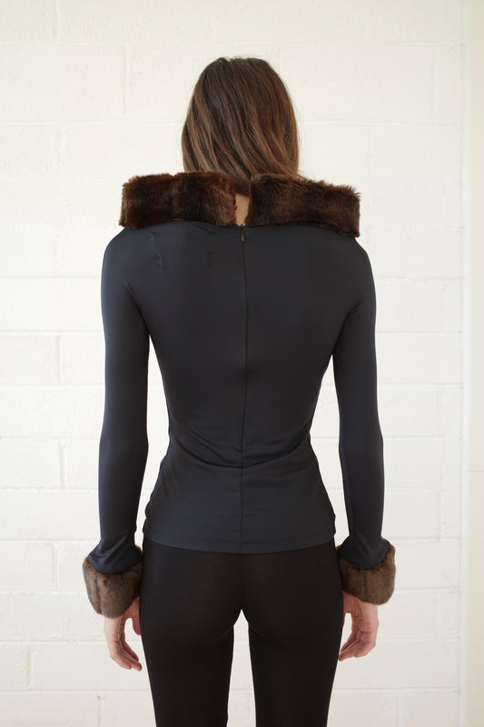 Recycled Spandex and Faux Mink- Trimmed Top