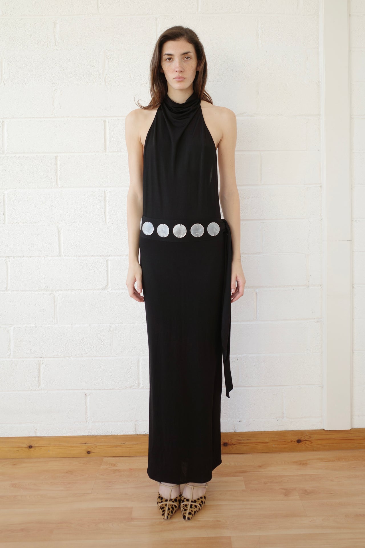 Jersey Halter Maxi dress with Mother of Pearl Paillete Sash Belt