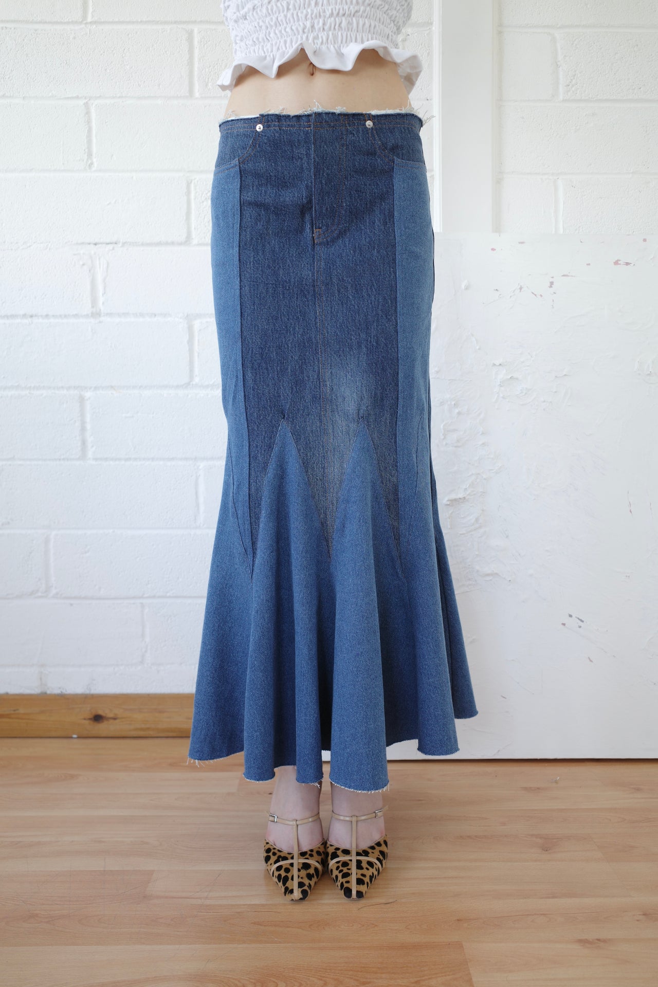 The Reconstituted Denim Godet Maxi Skirt