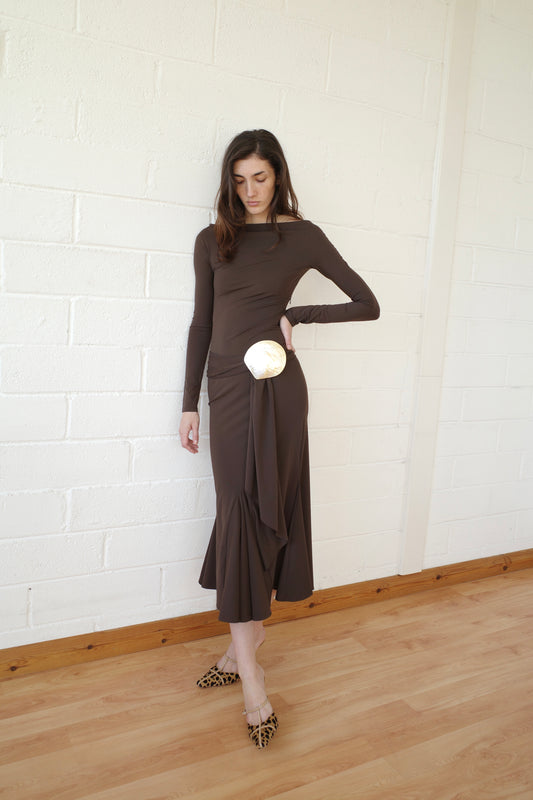 Brown Recycled Spandex Shell Belt Long Sleeve Dress