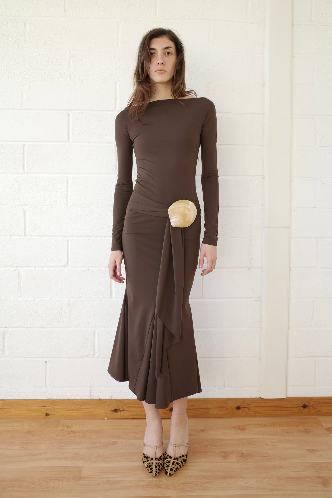 Brown Recycled Spandex Shell Belt Long Sleeve Dress