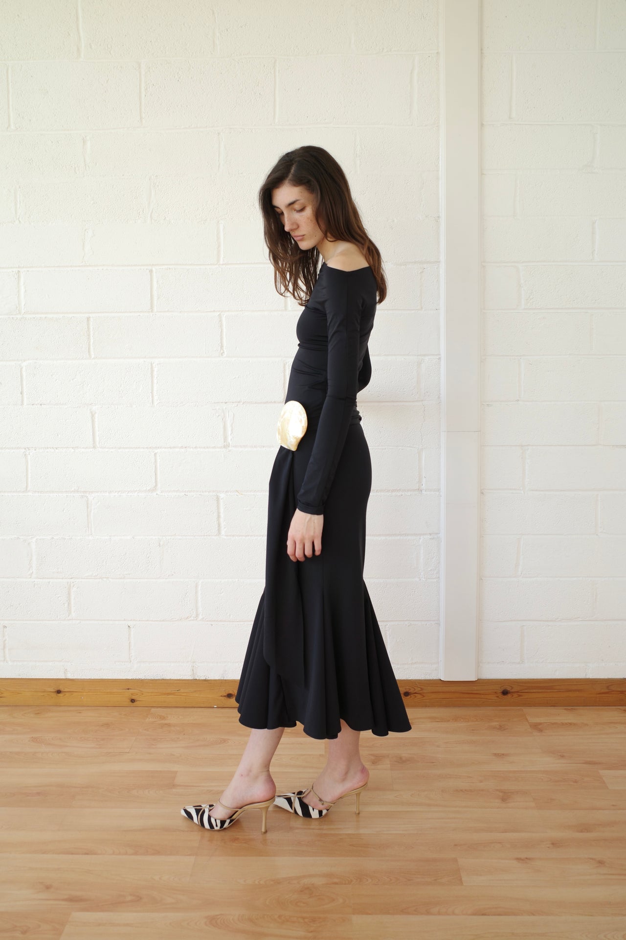 Black Recycled Spandex Shell Belt Long Sleeve Dress