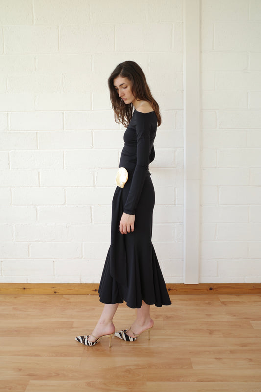 Black Recycled Spandex Shell Belt Long Sleeve Dress