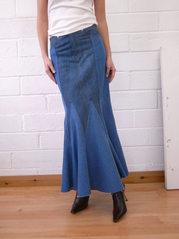 The Reconstituted Denim Godet Maxi Skirt