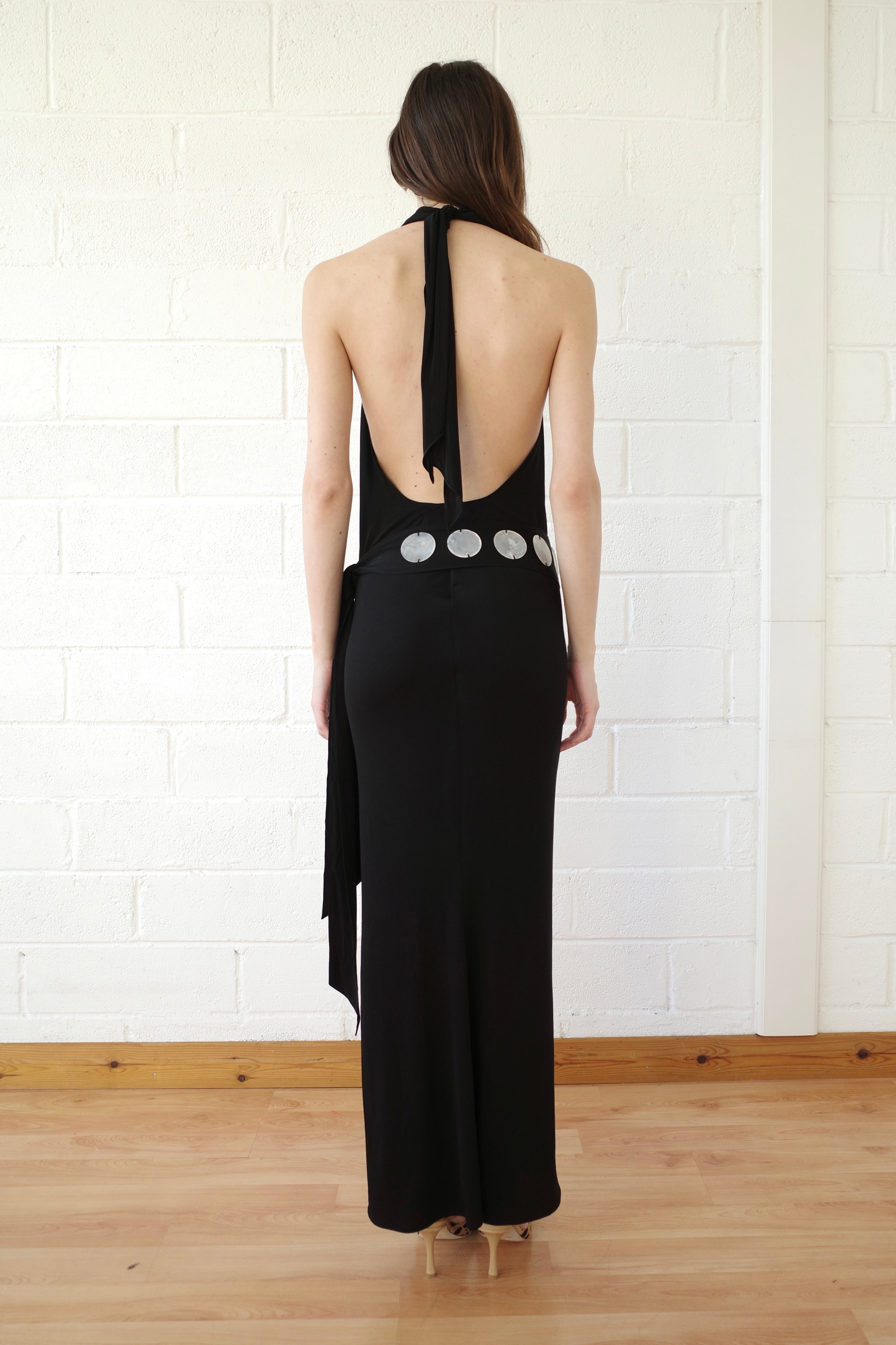 The Jersey Halter Maxi dress with Mother of Pearl Paillete Sash