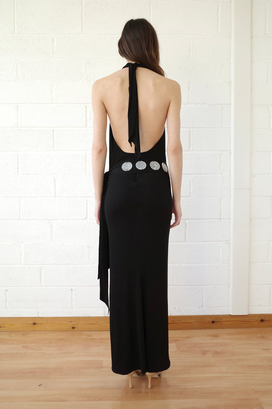 Jersey Halter Maxi dress with Mother of Pearl Paillete Sash Belt