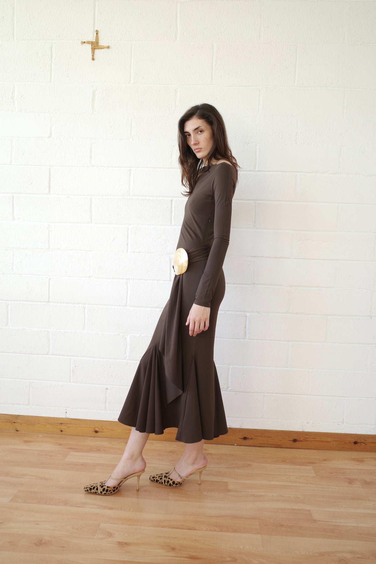 Brown Recycled Spandex Shell Belt Long Sleeve Dress