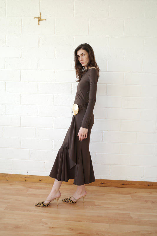 Brown Recycled Spandex Shell Belt Long Sleeve Dress