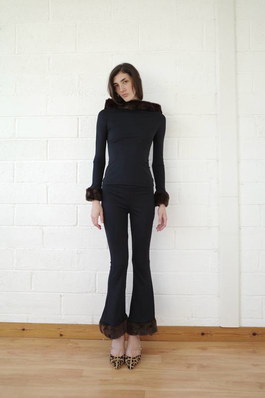 Recycled Spandex and Faux Mink- Trimmed Trouser