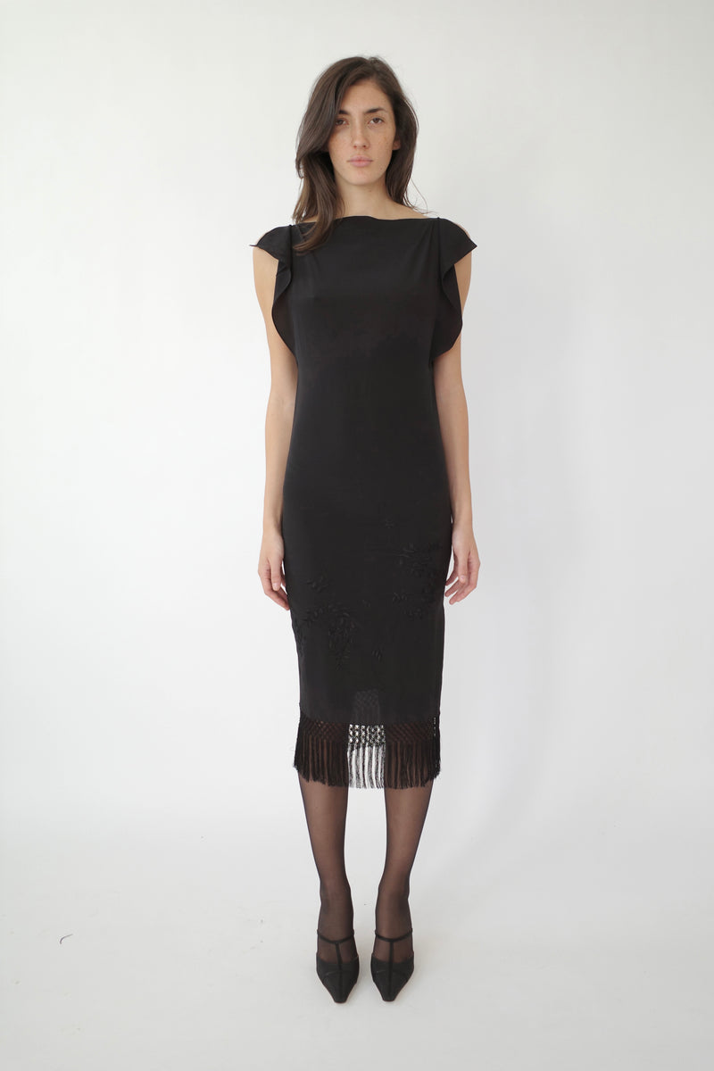 The Embroidered Silk Shift Midi Dress- Black