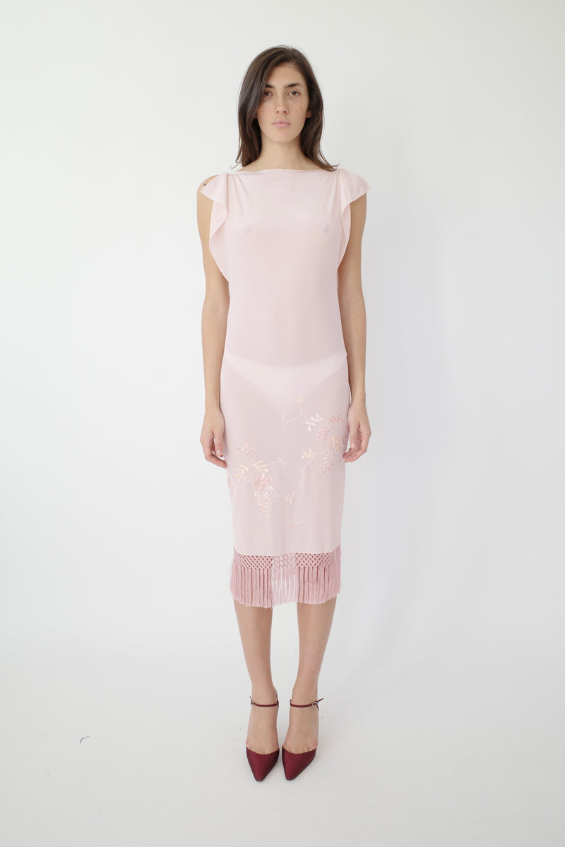 Embroidered Silk Shift Midi Dress- Pink