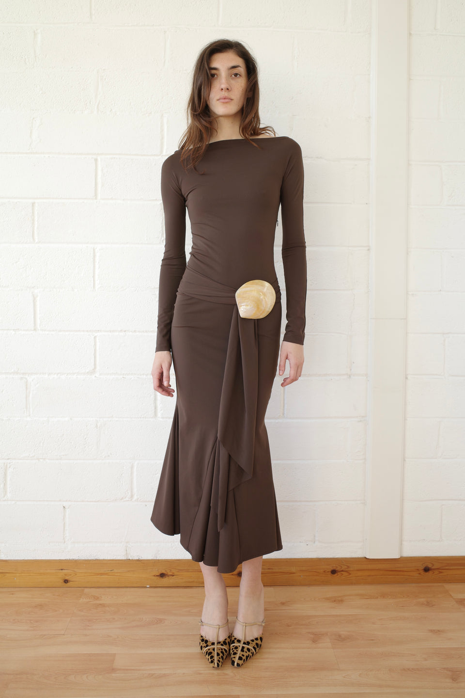 Brown Recycled Spandex Shell Belt Long Sleeve Dress