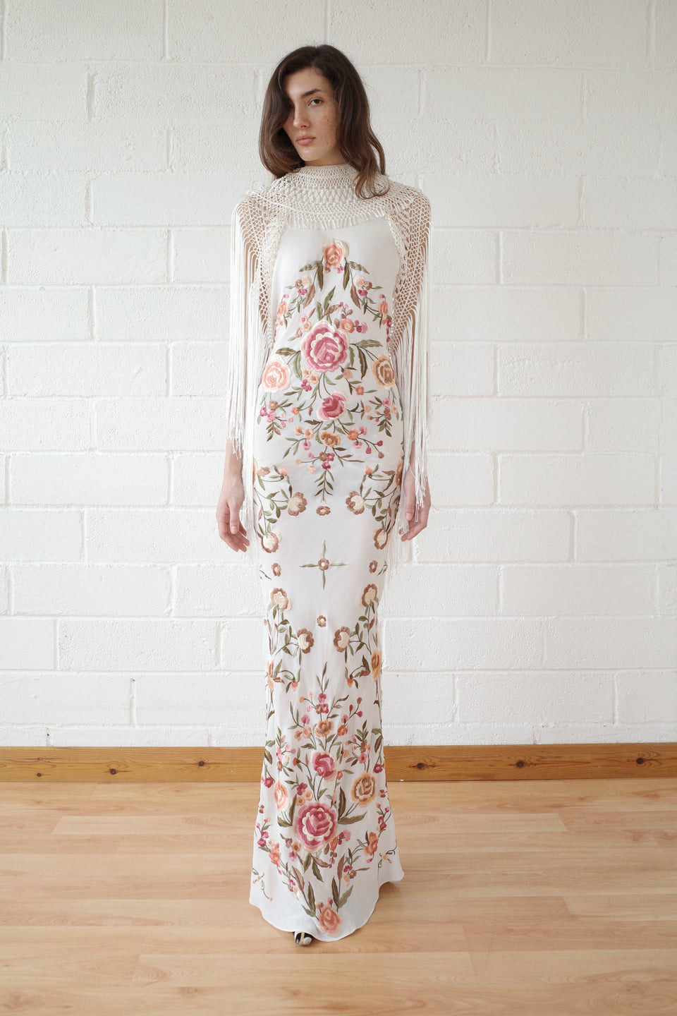 Demi Couture Piano Shawl Gown- White