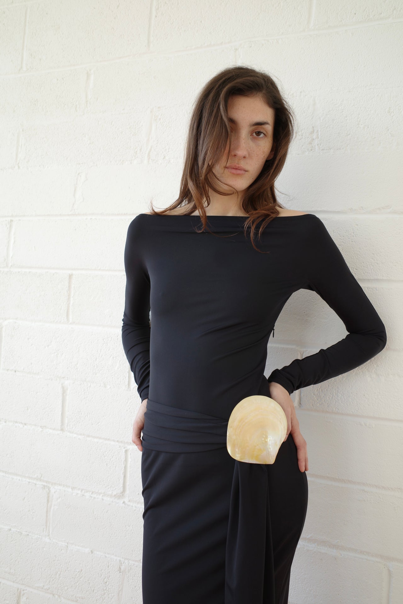Black Recycled Spandex Shell Belt Long Sleeve Dress