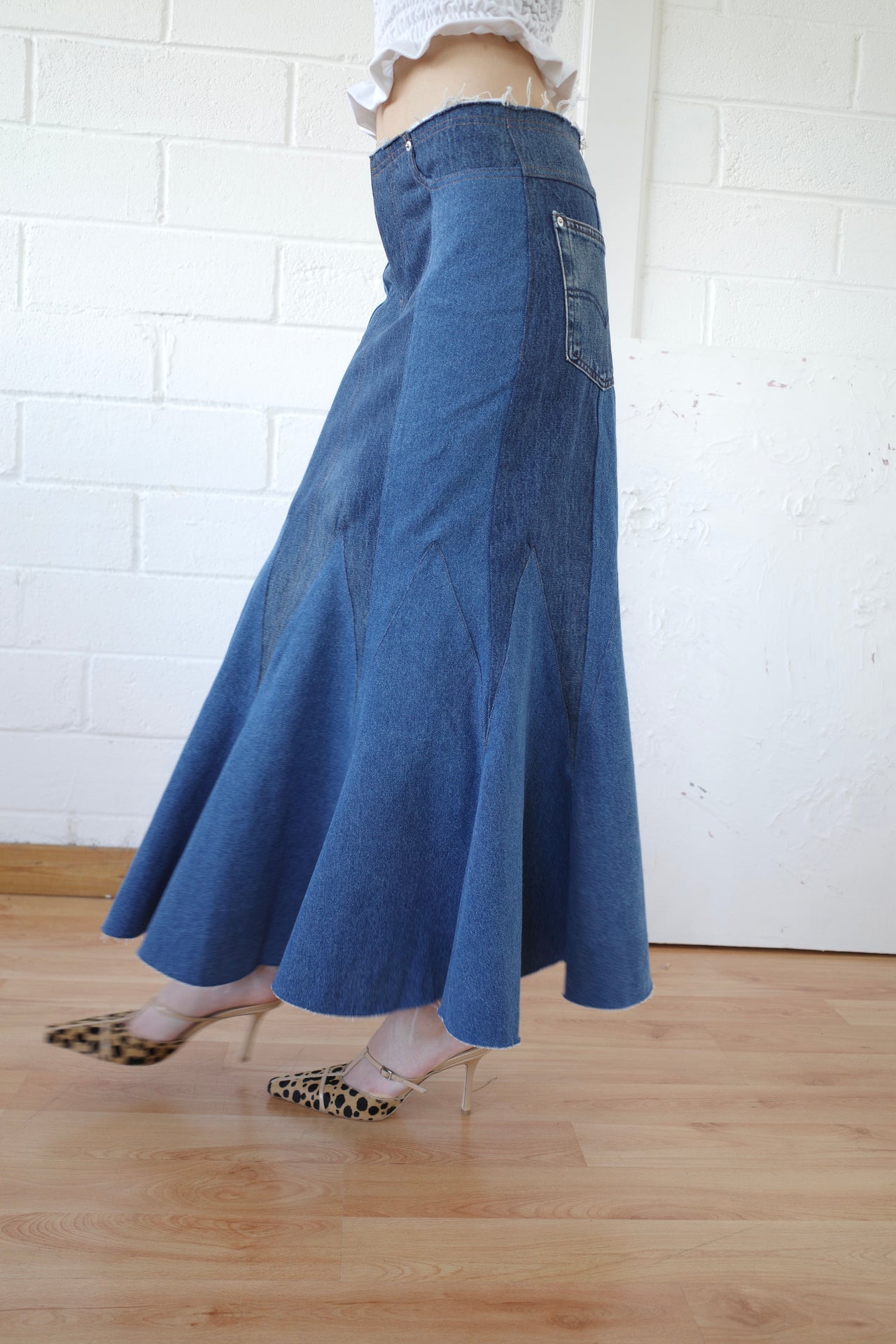 The Reconstituted Denim Godet Maxi Skirt