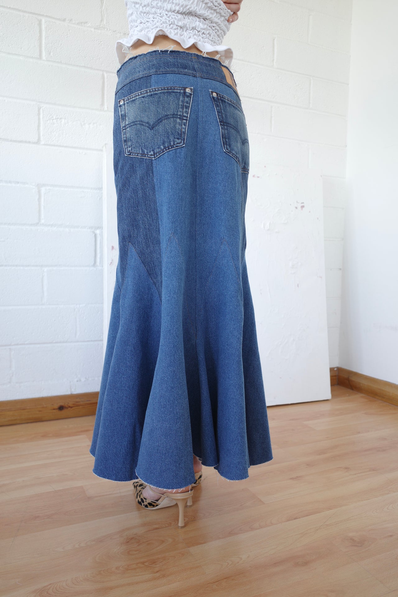 The Reconstituted Denim Godet Maxi Skirt