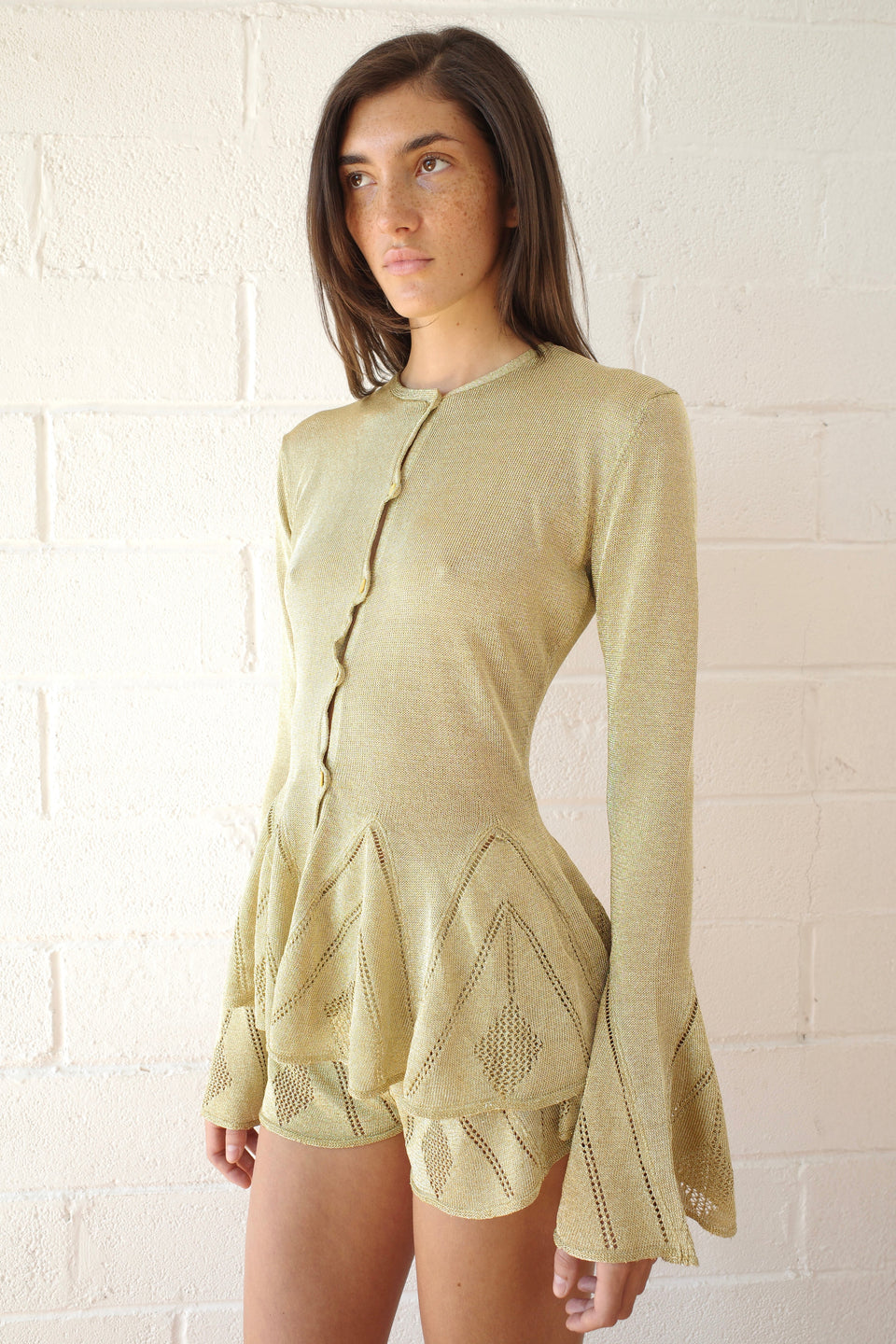 The Knit Pointelle Godet Cardigan - Gold