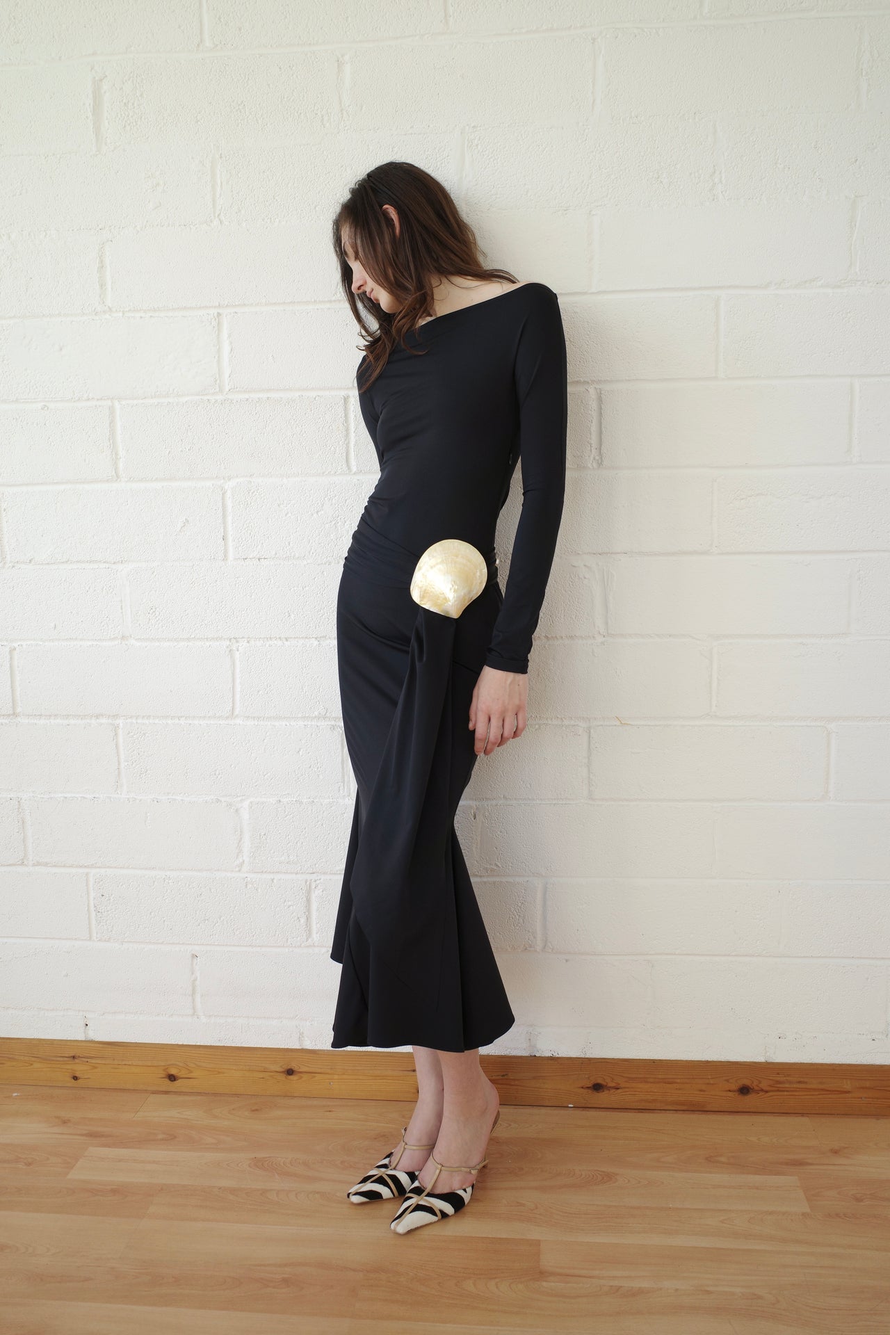Black Recycled Spandex Shell Belt Long Sleeve Dress