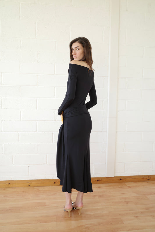 Black Recycled Spandex Shell Belt Long Sleeve Dress