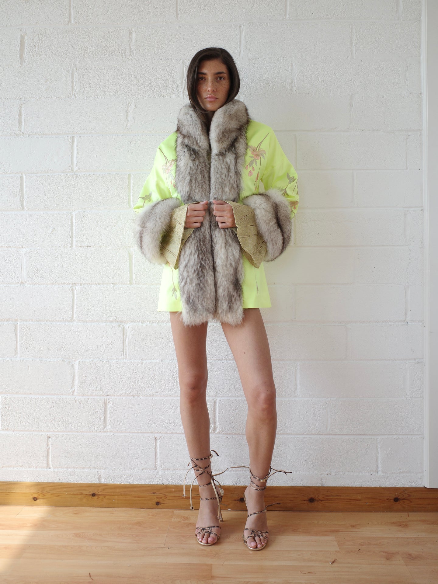 Fur Robe Bottom Half The Demi Couture Reconstituted Vintage Fur and Silk Robe - Neon Yellow
