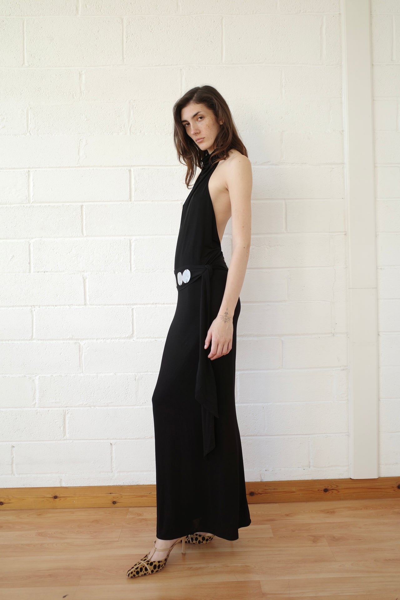 Jersey Halter Maxi dress with Mother of Pearl Paillete Sash Belt