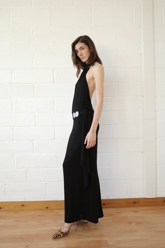 Jersey Halter Maxi dress with Mother of Pearl Paillete Sash Belt