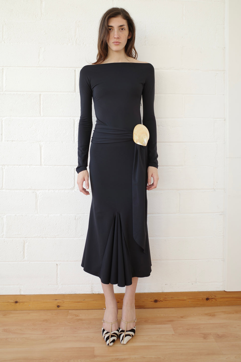 Black Recycled Spandex Shell Belt Long Sleeve Dress