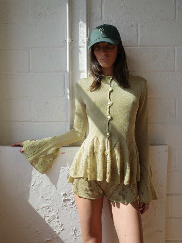 The Knit Pointelle Godet Cardigan - Gold