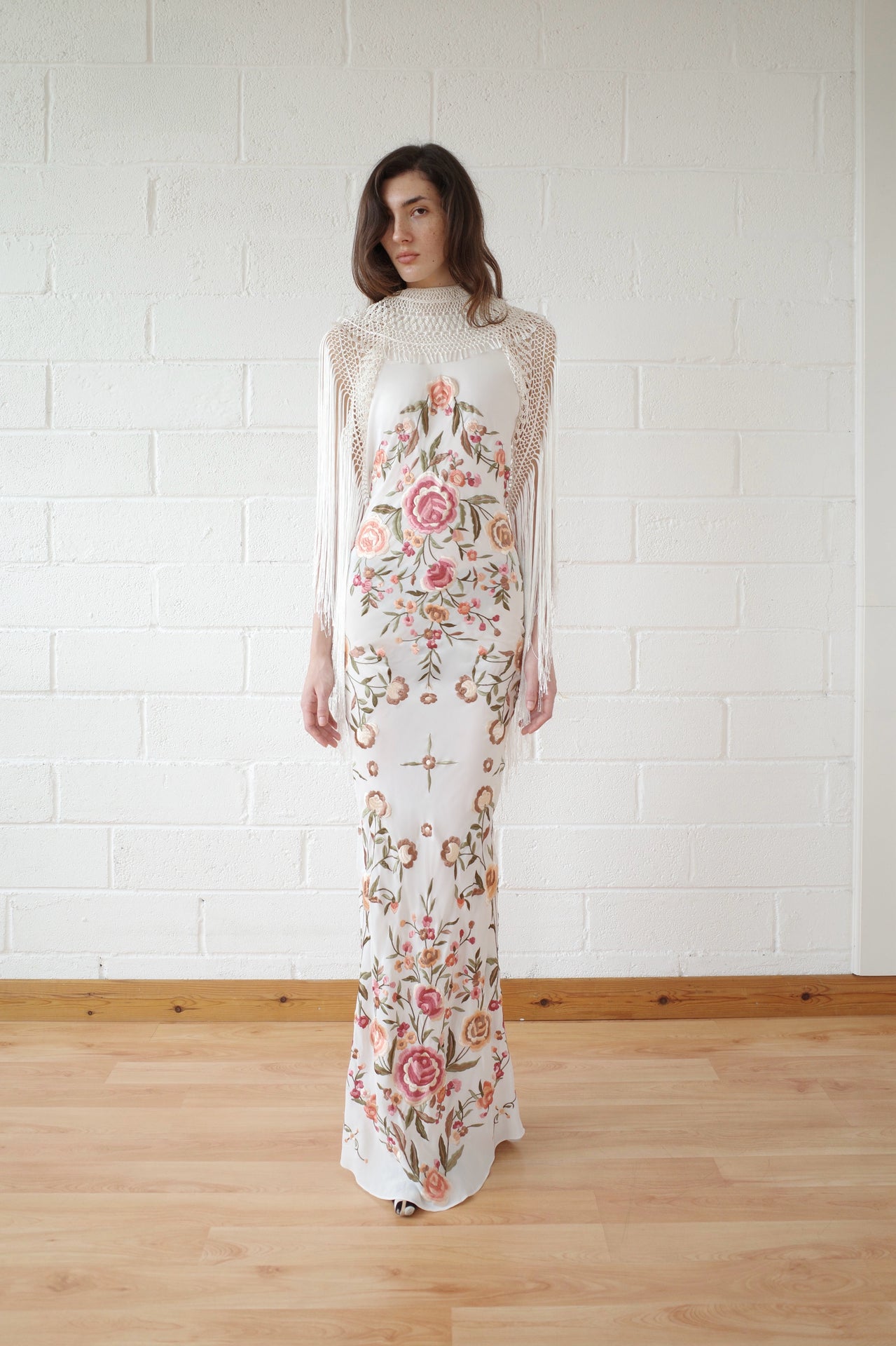 Demi Couture Piano Shawl Gown- White