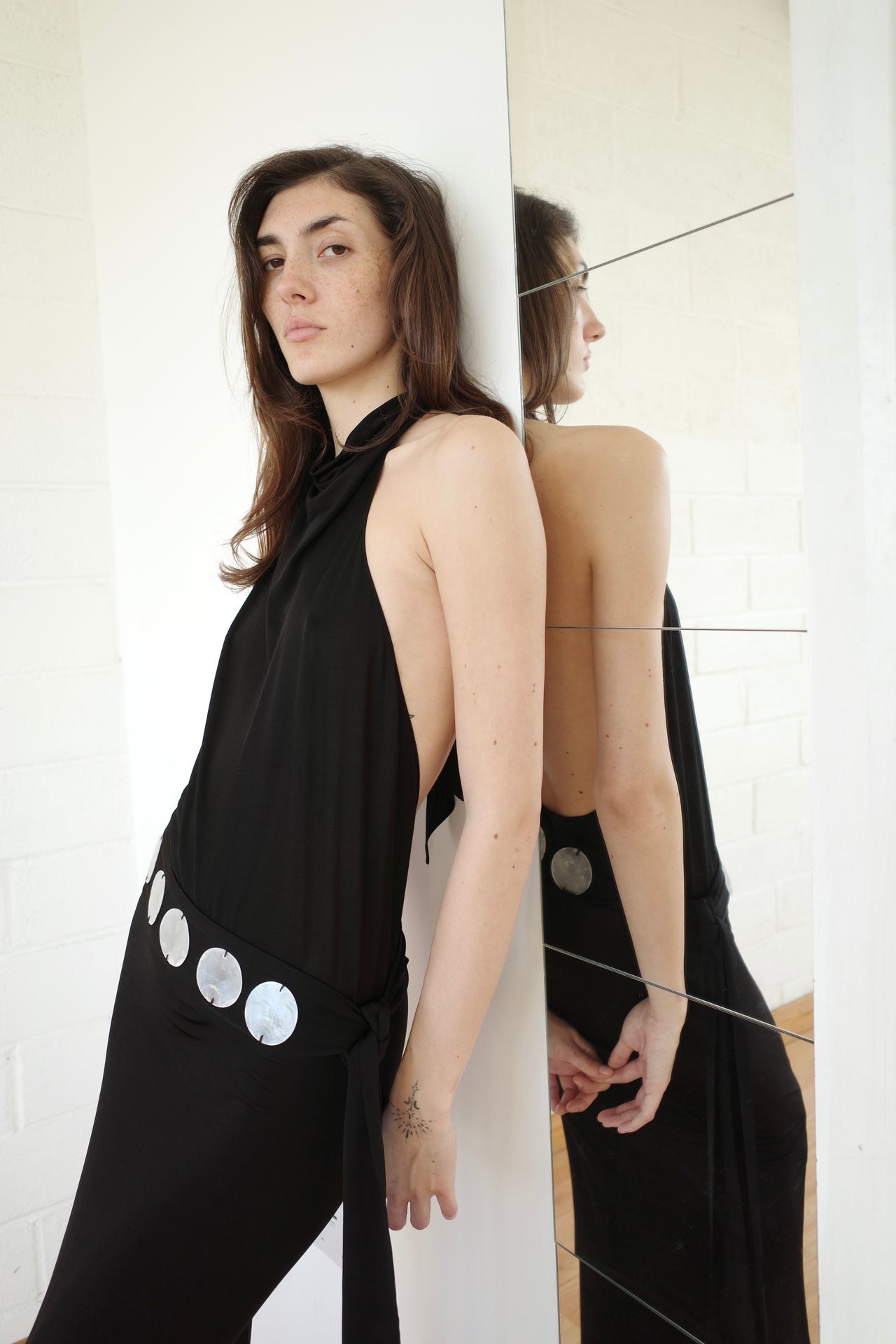Jersey Halter Maxi dress with Mother of Pearl Paillete Sash Belt