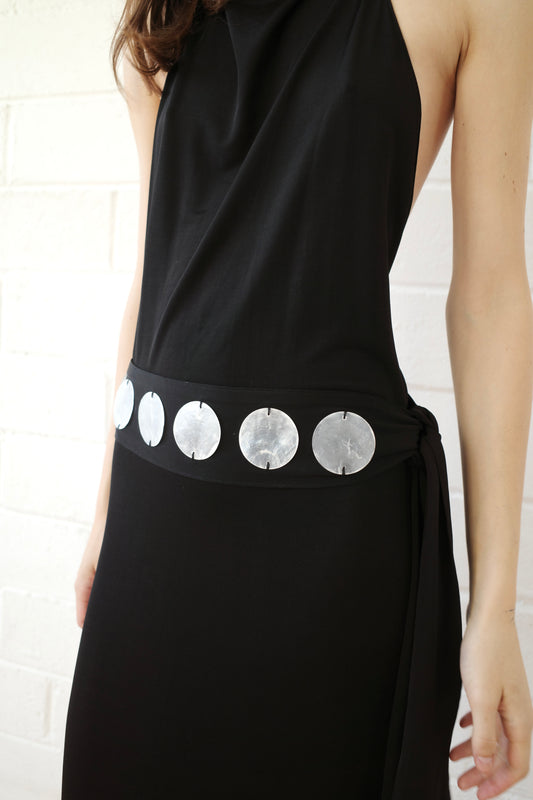 Jersey Halter Maxi dress with Mother of Pearl Paillete Sash Belt