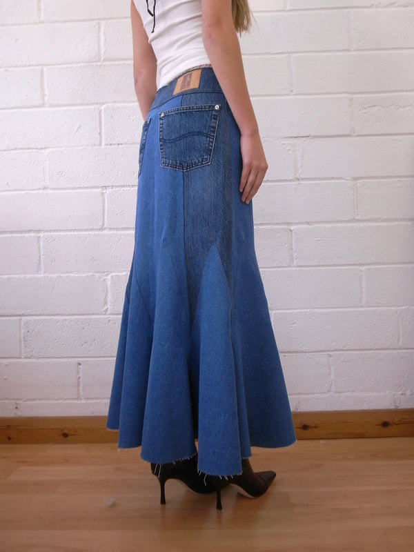 The Reconstituted Denim Godet Maxi Skirt