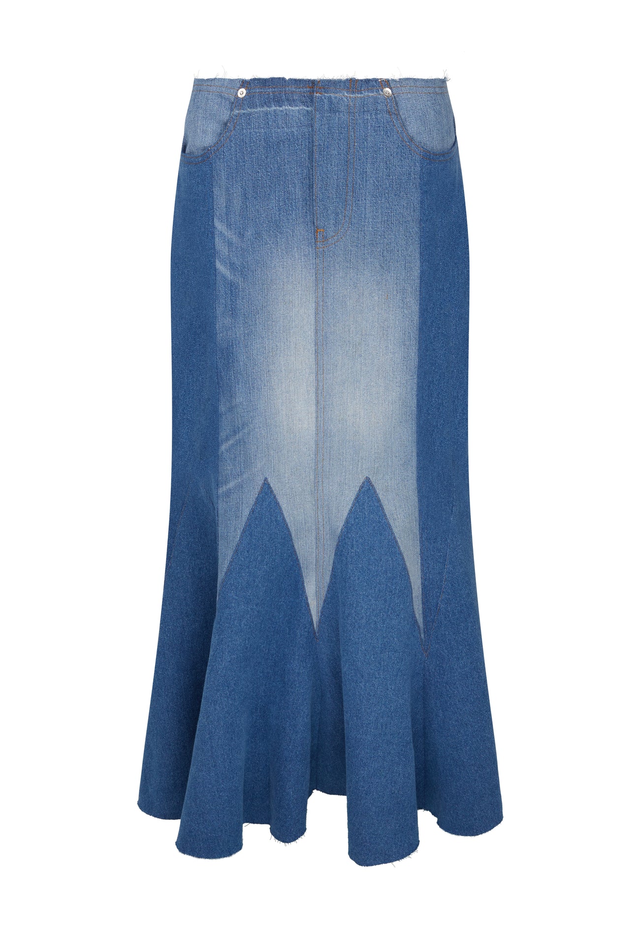 The Reconstituted Denim Godet Maxi Skirt