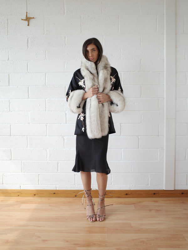 Demi Couture Reconstituted Vintage Fur and Silk Robe - Black