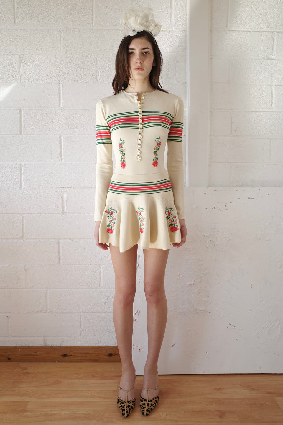 Knit Cream Flared Mini-Skirt