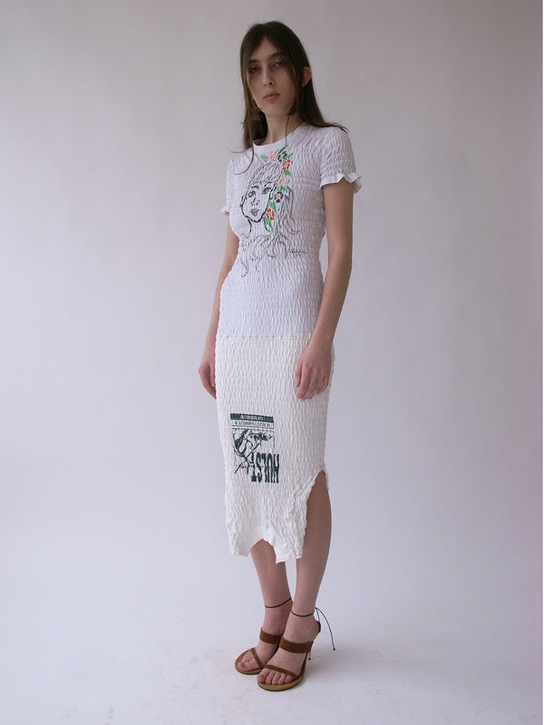 Exclusive-The Reconstituted Shirred T-shirt Dress- White