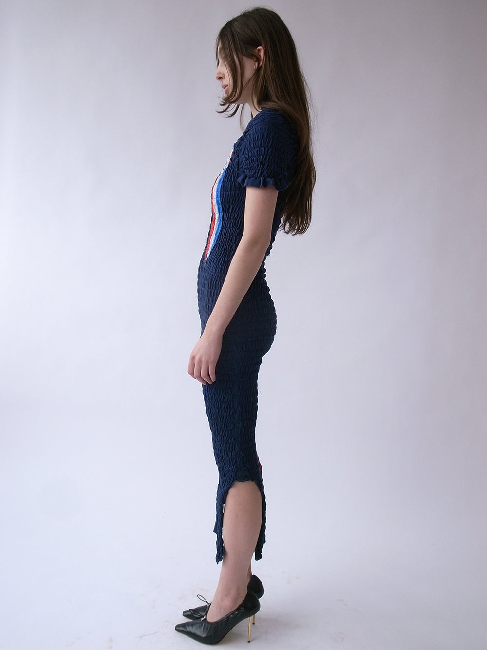 The Reconstituted Shirred T-shirt Dress- Blue