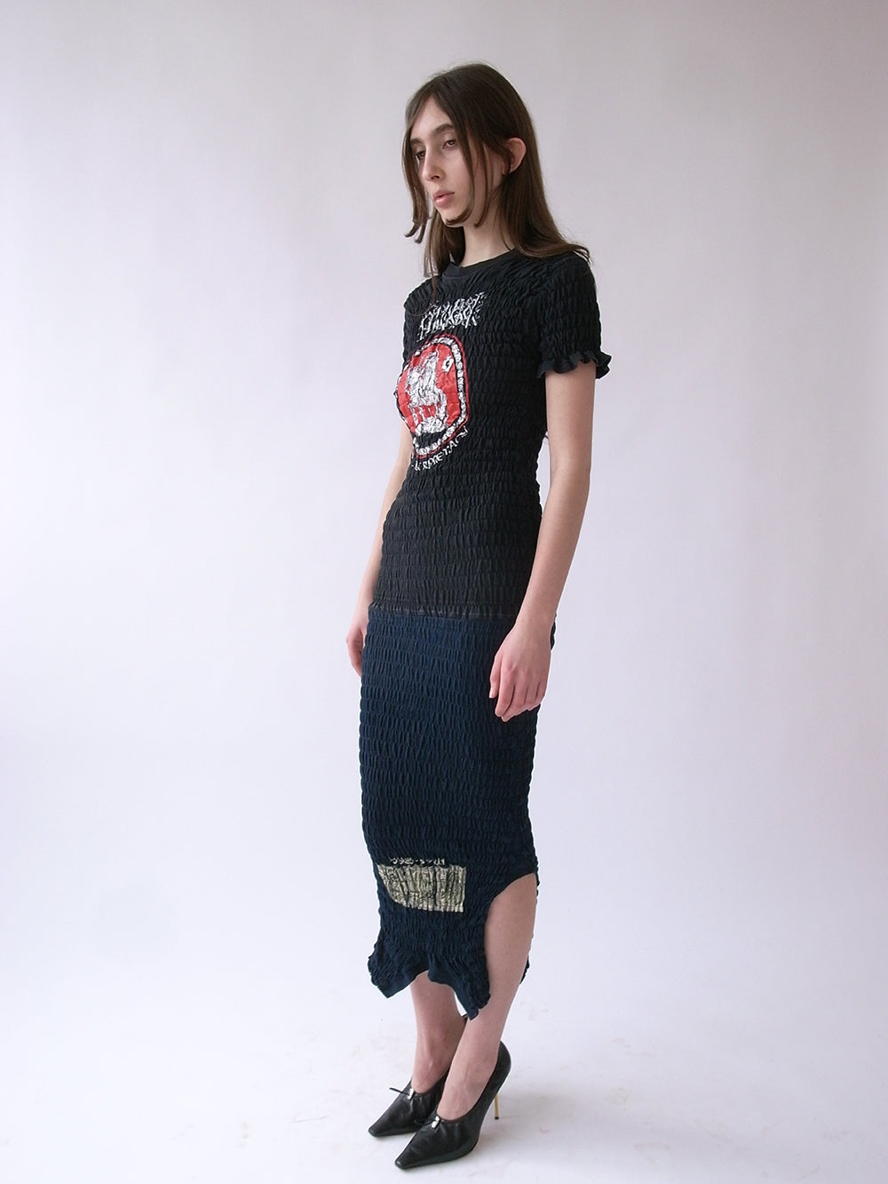 The Reconstituted Shirred T-shirt Dress- Black